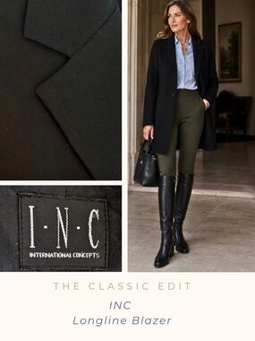 INC Longline Black Blazer | Classic Tailored Career Jacket | Size 10